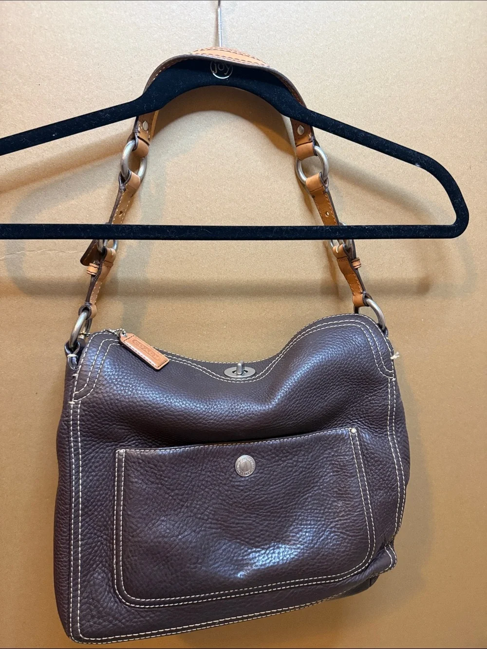 Coach Brown Pebbled Chelsea Leather Shoulder Bag with Contrast Stitching